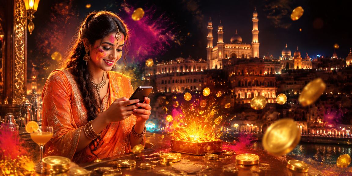 Focused Indian player on mobile casino during Holi festival in Lucknow old city